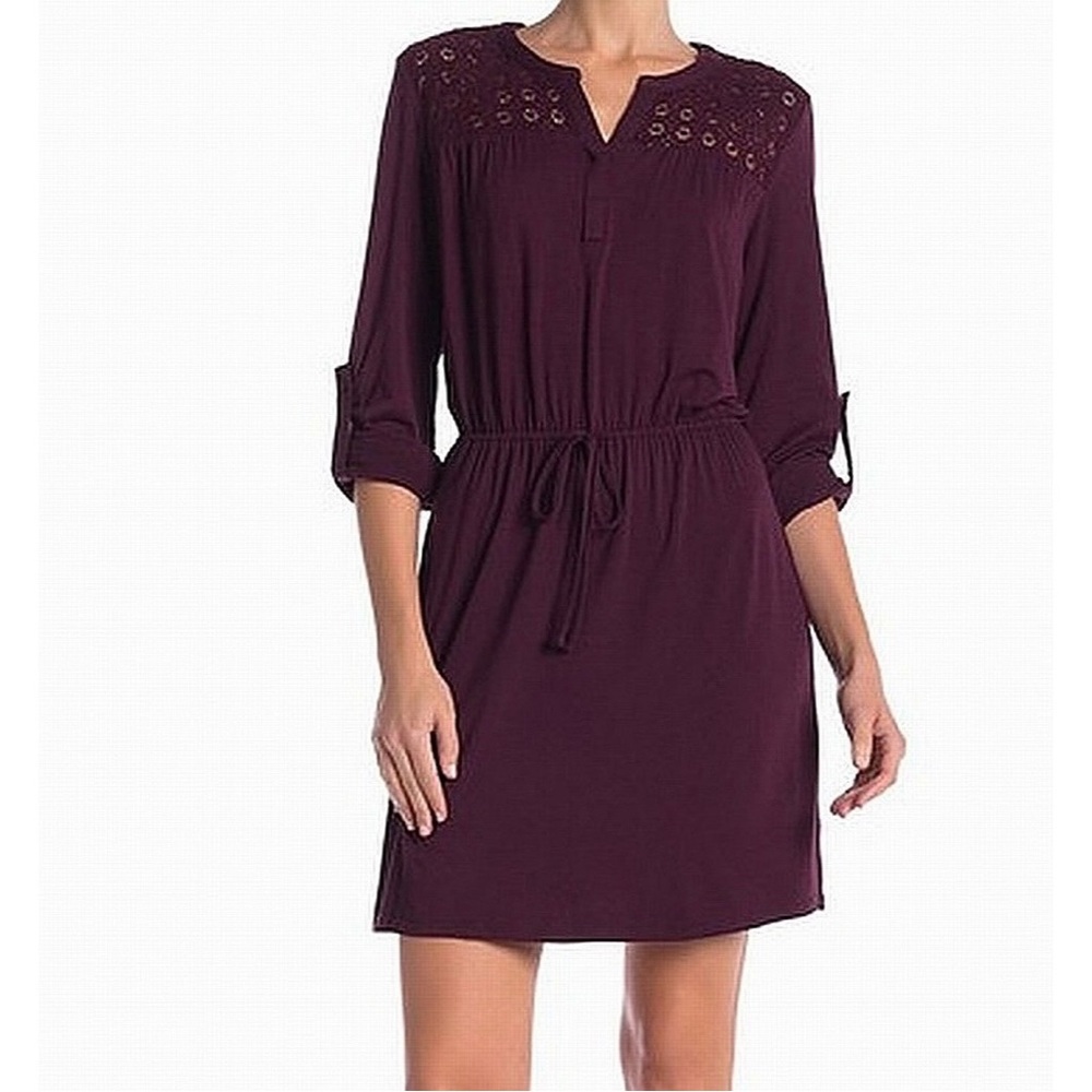 DR2 by Daniel Rainn MED Crochet Lace-Yoke Roll-Tab Sleeve Blouson Dress in Plum